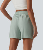 Short décontracté ample en lin mélangé taille haute avec cordon de serrage, 12,5 cm, et poches