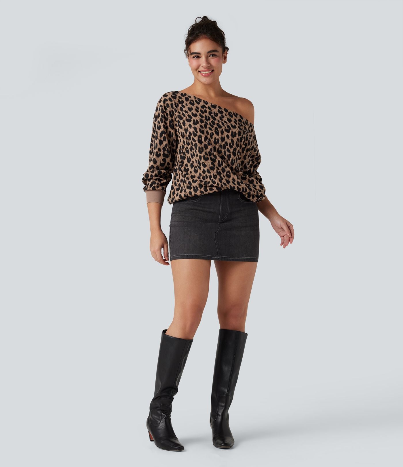 Sweat-shirt gaufré imprimé léopard une épaule manches longues avec poches