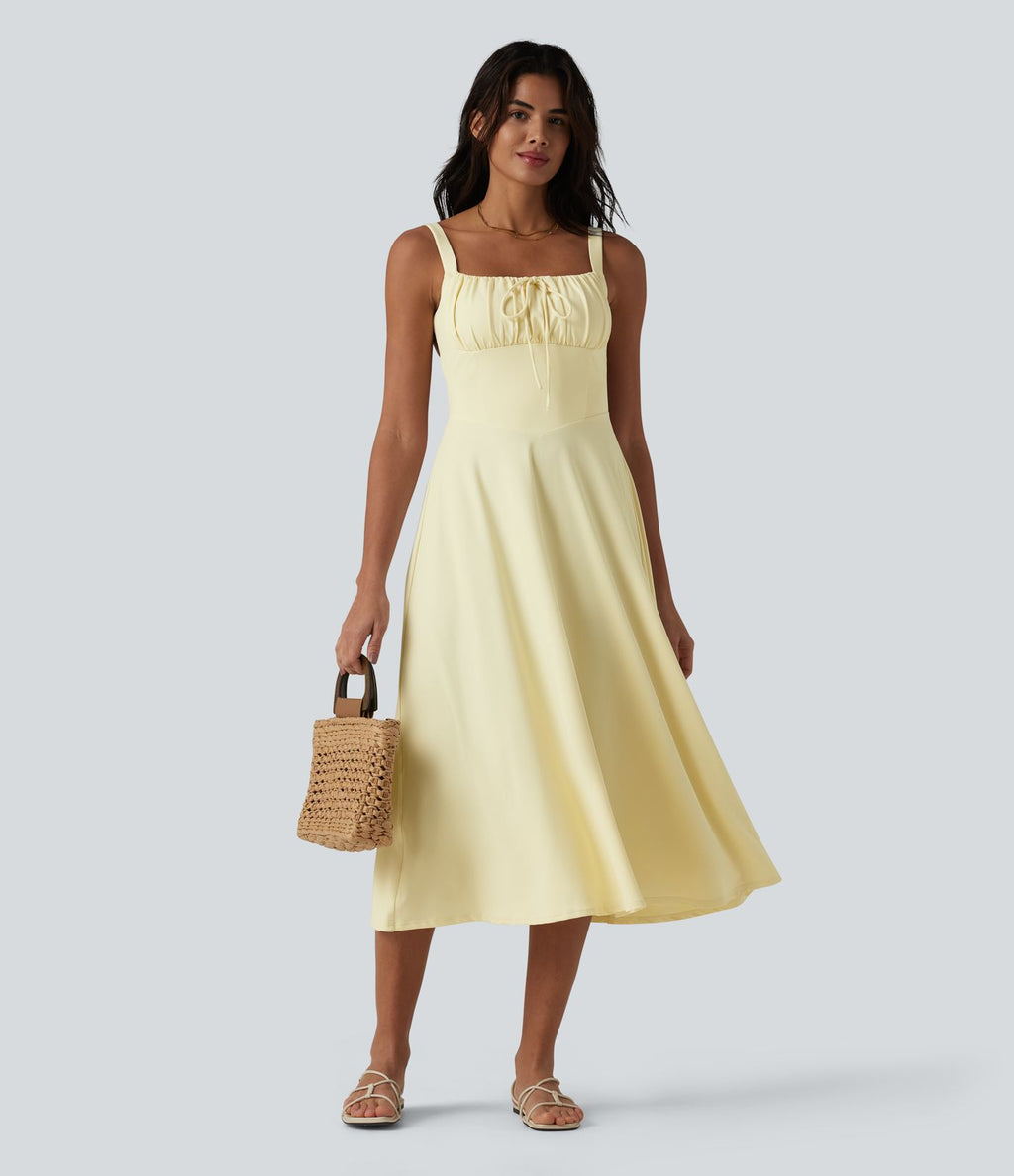 Robe fluide midi de villégiature sans manches, encolure carrée, dos nu croisé, fronces et soutien-gorge intégré