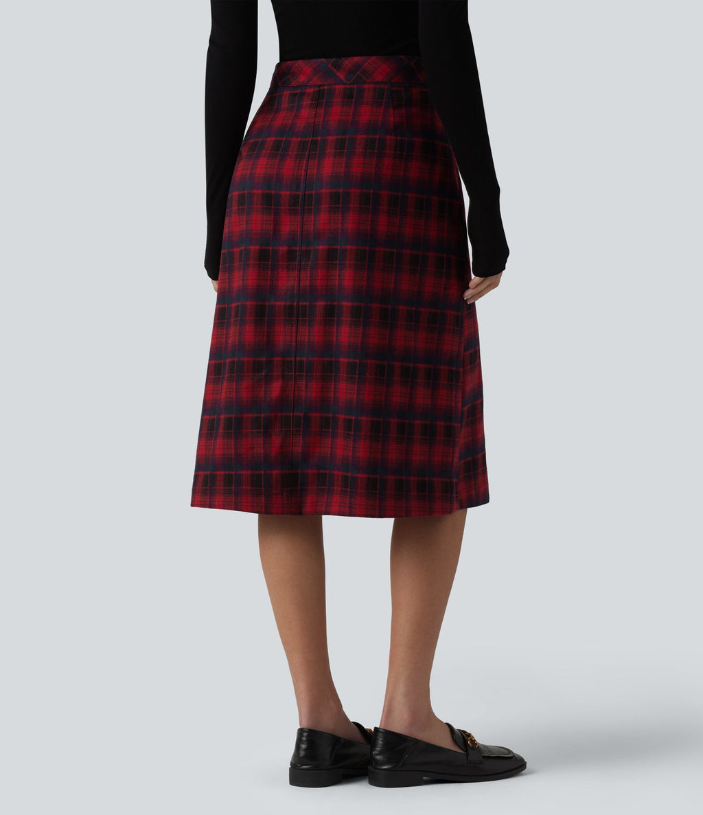 Jupe midi tailleur trapèze taille mi-haute à carreaux tartan, avec poches