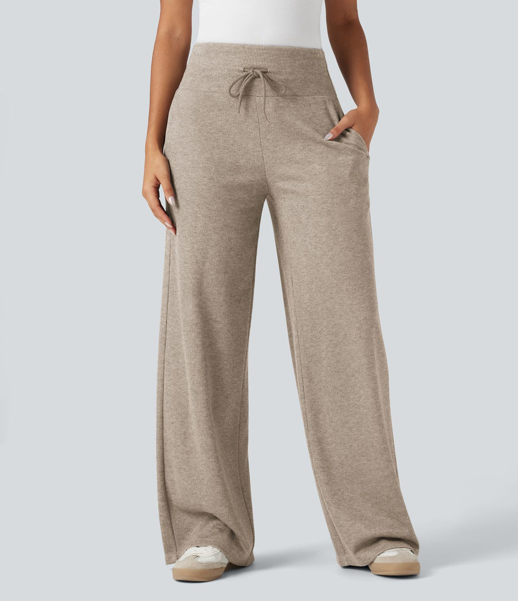 Pantalon jogging large décontracté côtelé gainant taille haute avec cordon de serrage et poches