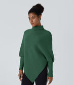 Pull cape de travail à col montant, manches longues et ourlet asymétrique
