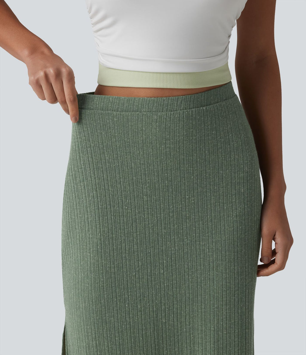 Jupe midi moulante côtelée taille haute aspect lin décontractée