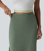 Jupe midi moulante côtelée taille haute aspect lin décontractée