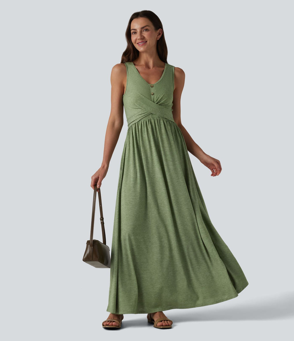 Robe longue fluide décontractée à col en U, sans manches et croisée, avec poches