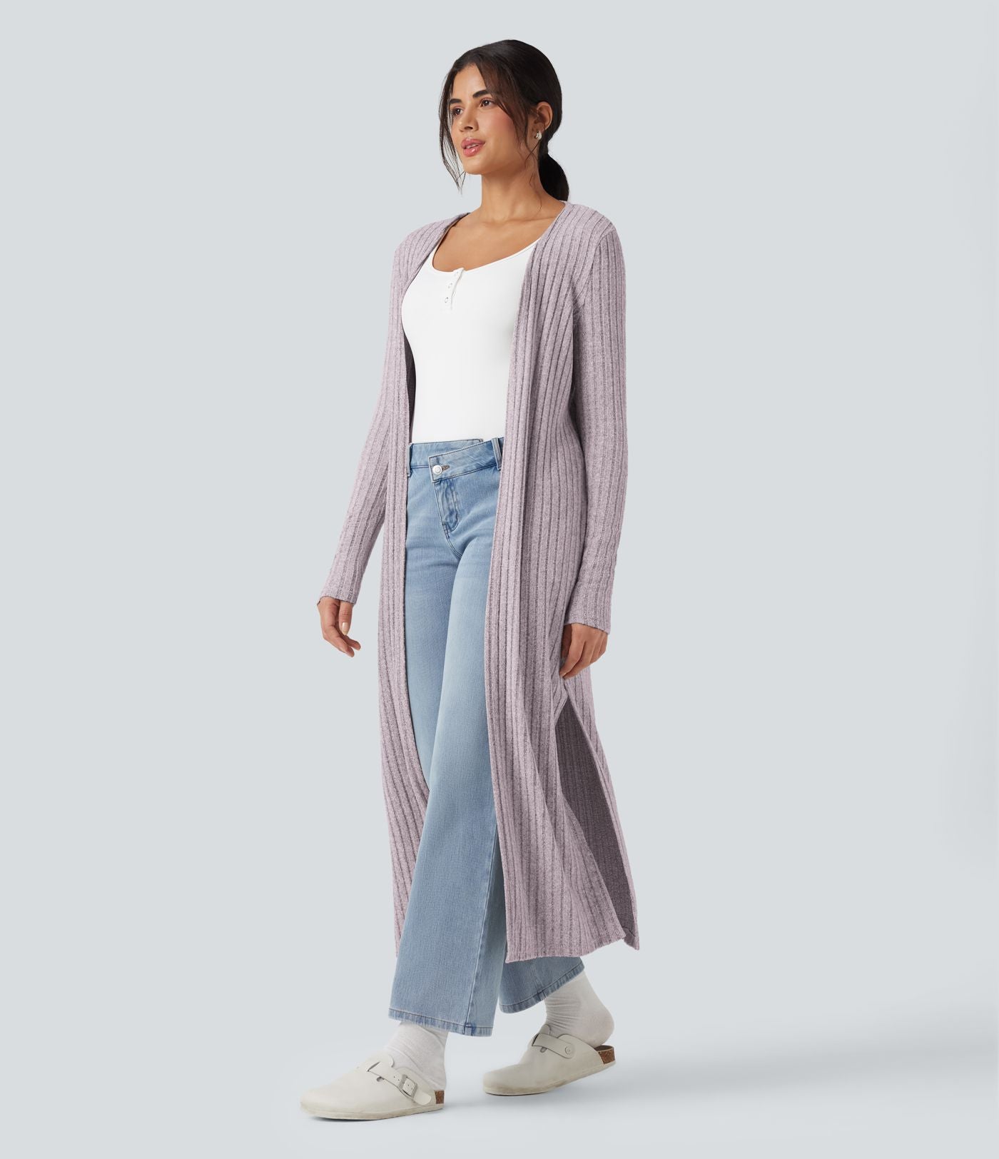 Manteau long décontracté maille côtelée manches longues avec fente