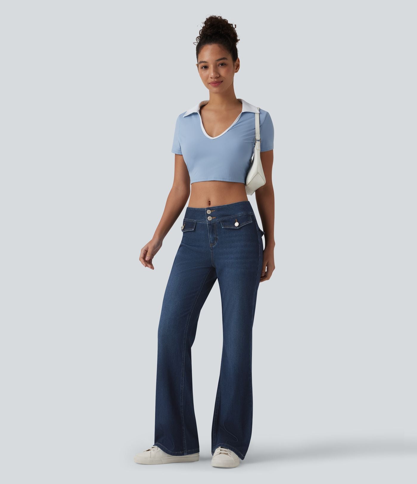 Halara Flex™ Jean évasé casual taille basse en lyocell drapé effet délavé, avec poches