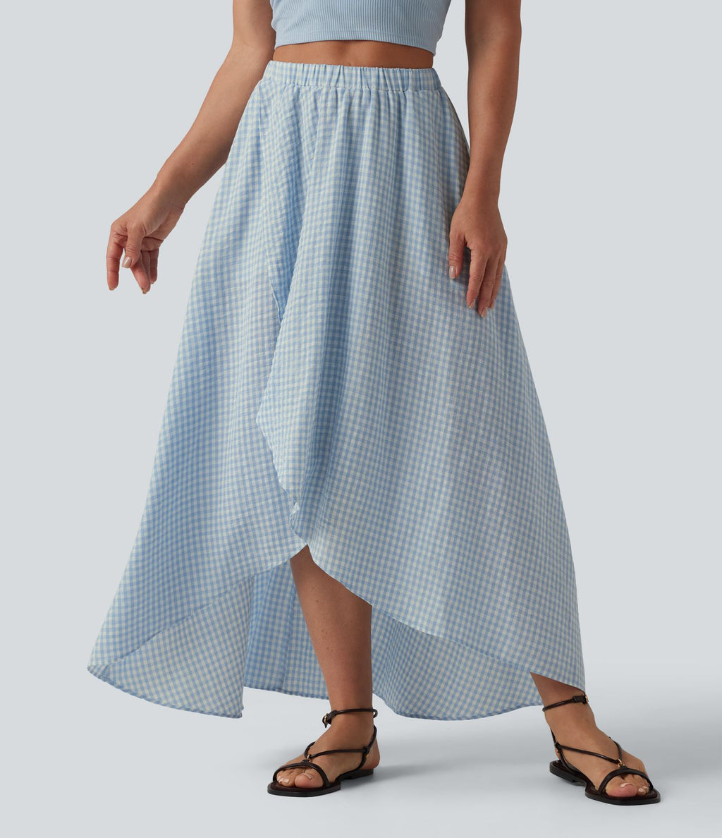 Jupe mi-longue décontractée fluide asymétrique taille haute à carreaux aspect lin avec poches