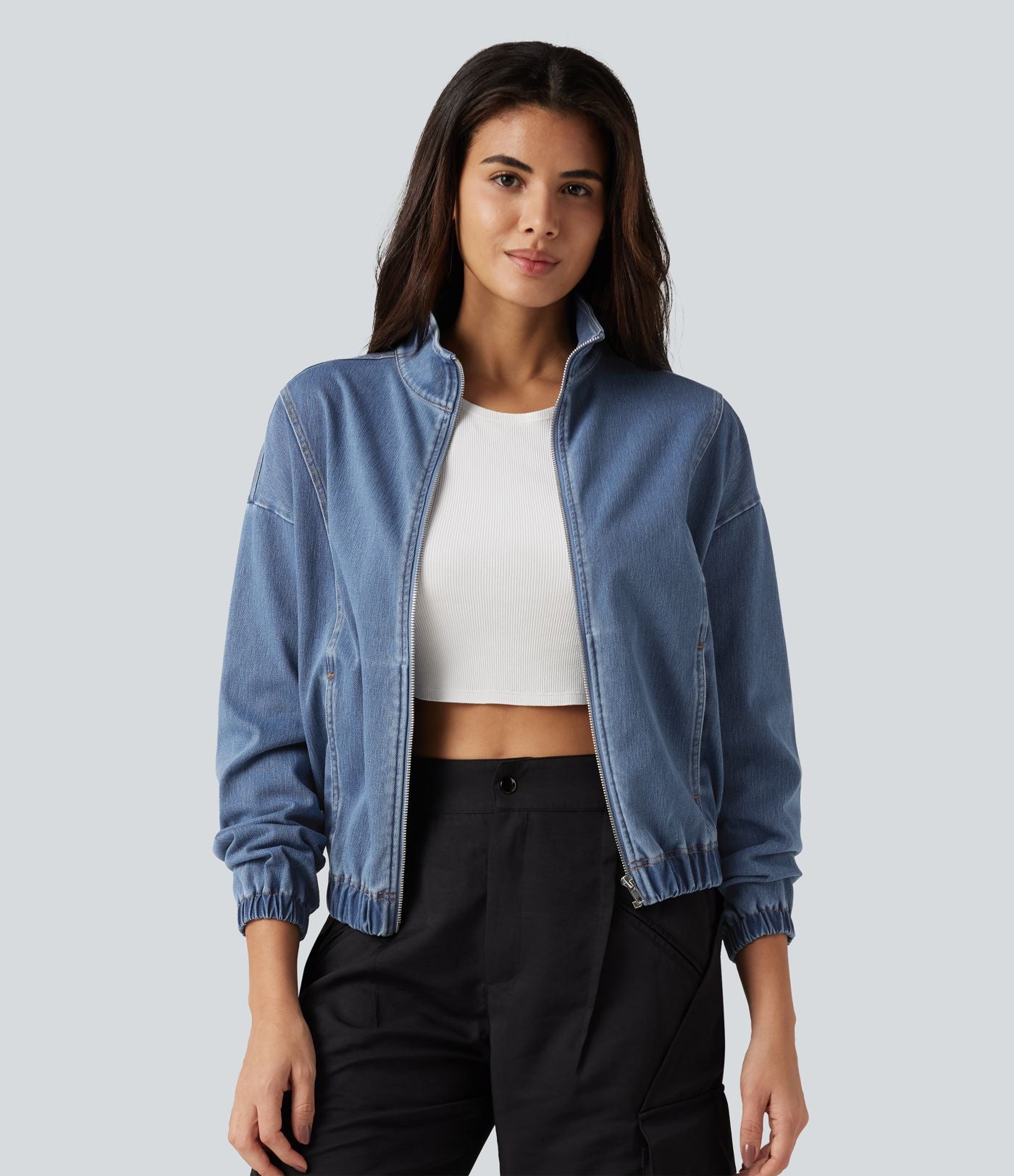 Veste en jean Halara Flex™ à col montant avec manches longues, zip et poches
