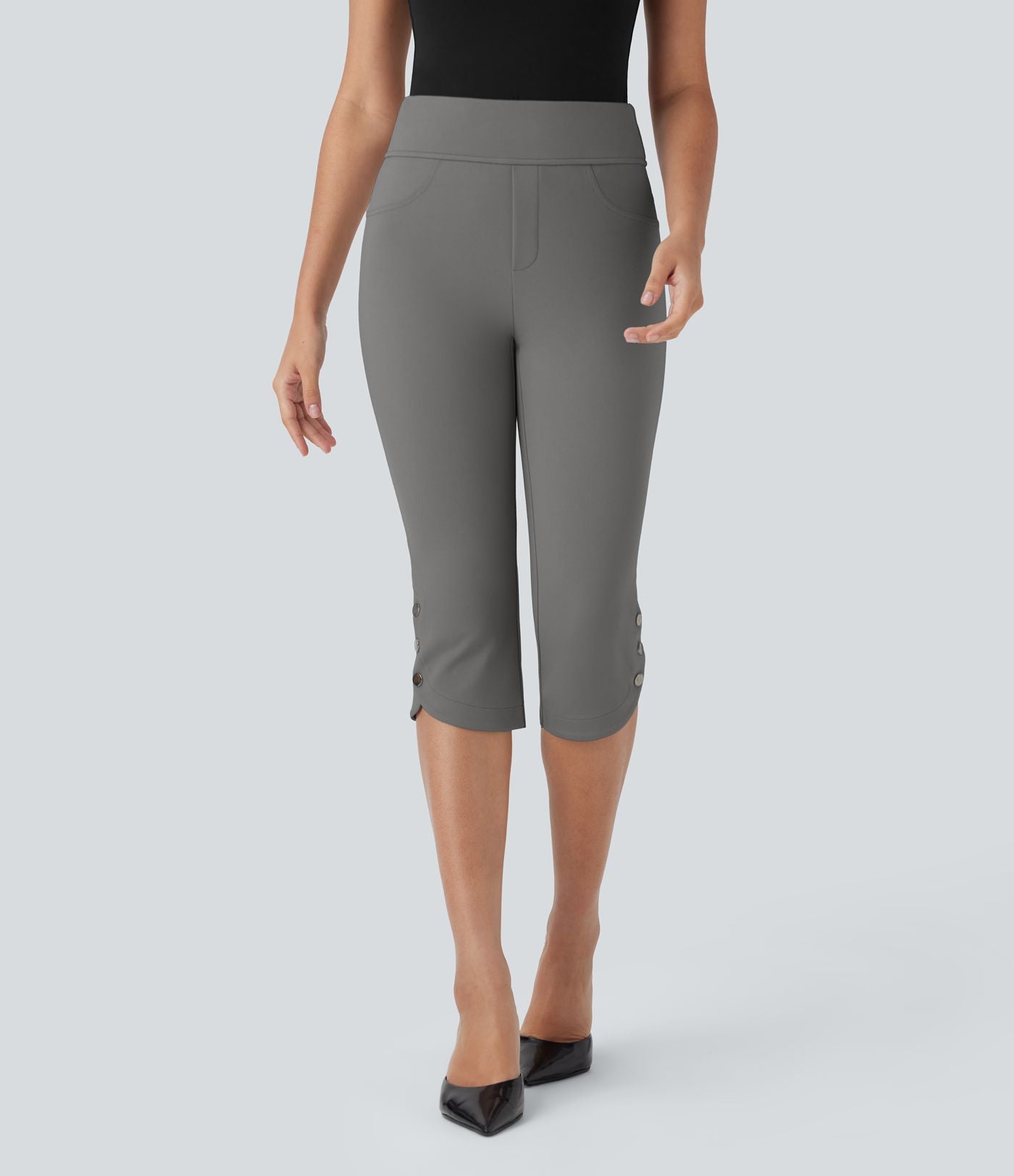 Pantalon Corsaire de Costume Taille Haute avec Poches Arrière et Boutons Pression