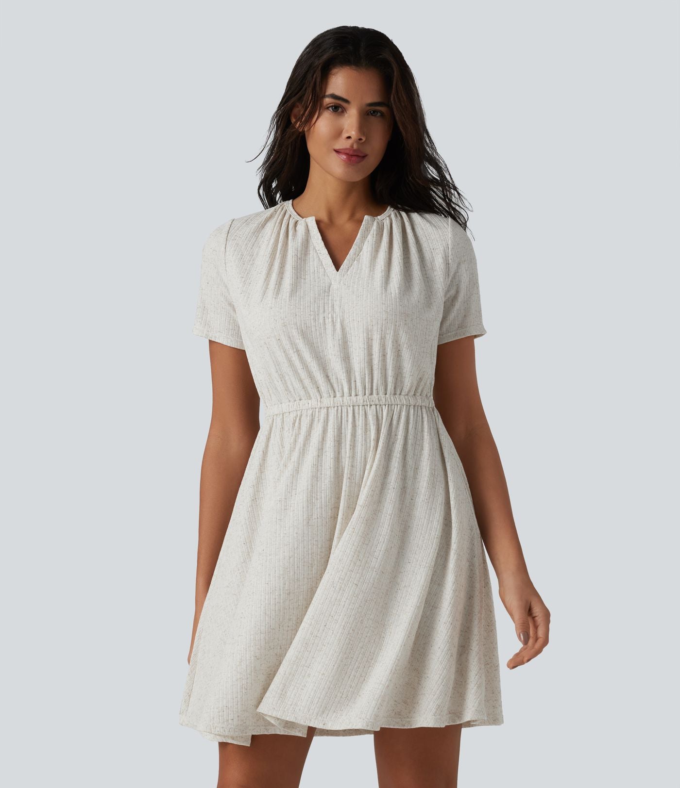 Robe mini évasée décontractée, maille côtelée en lin mélangé,  col V, manches courtes