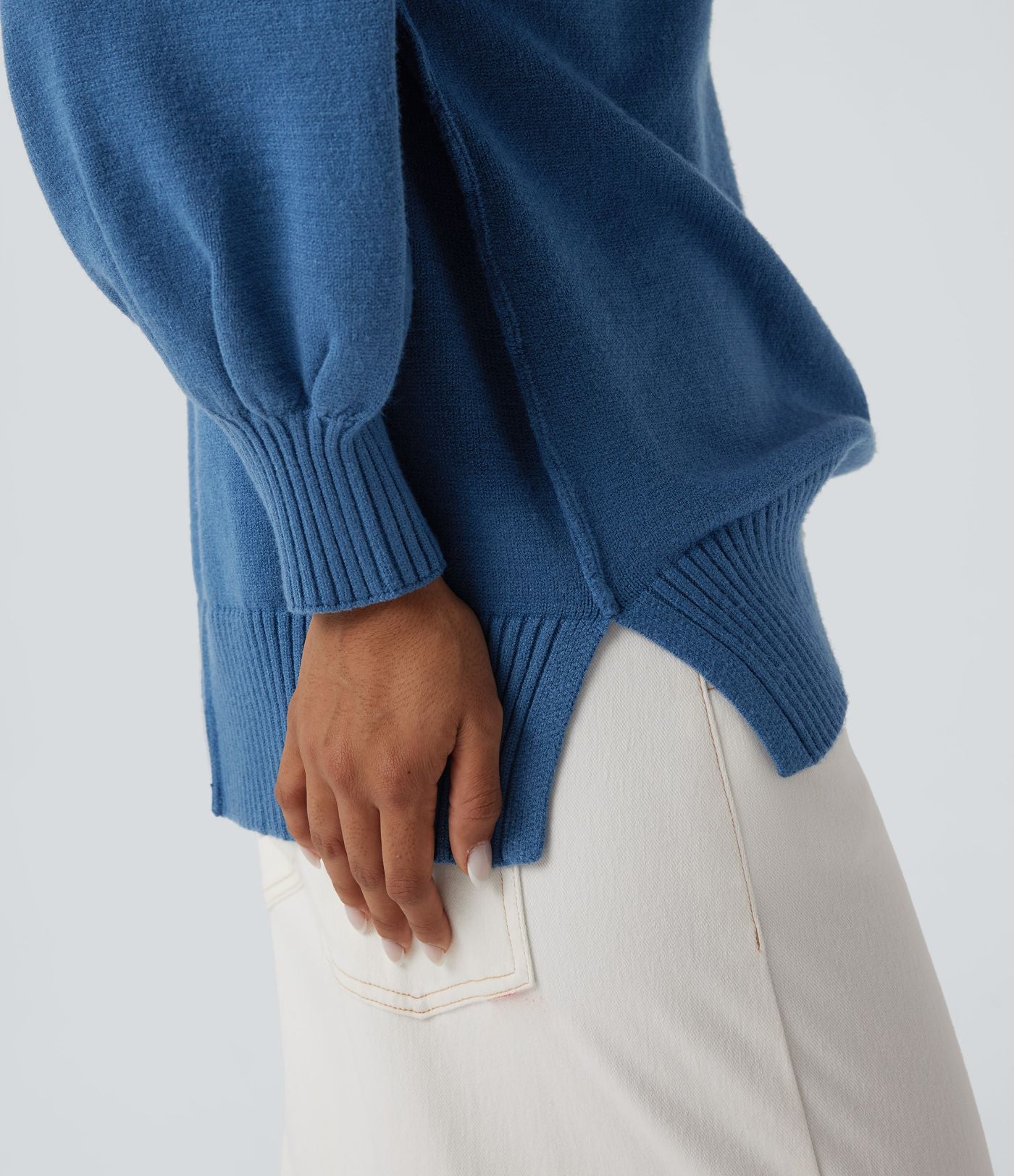 Pull casual col V épaules tombantes manches longues avec fentes