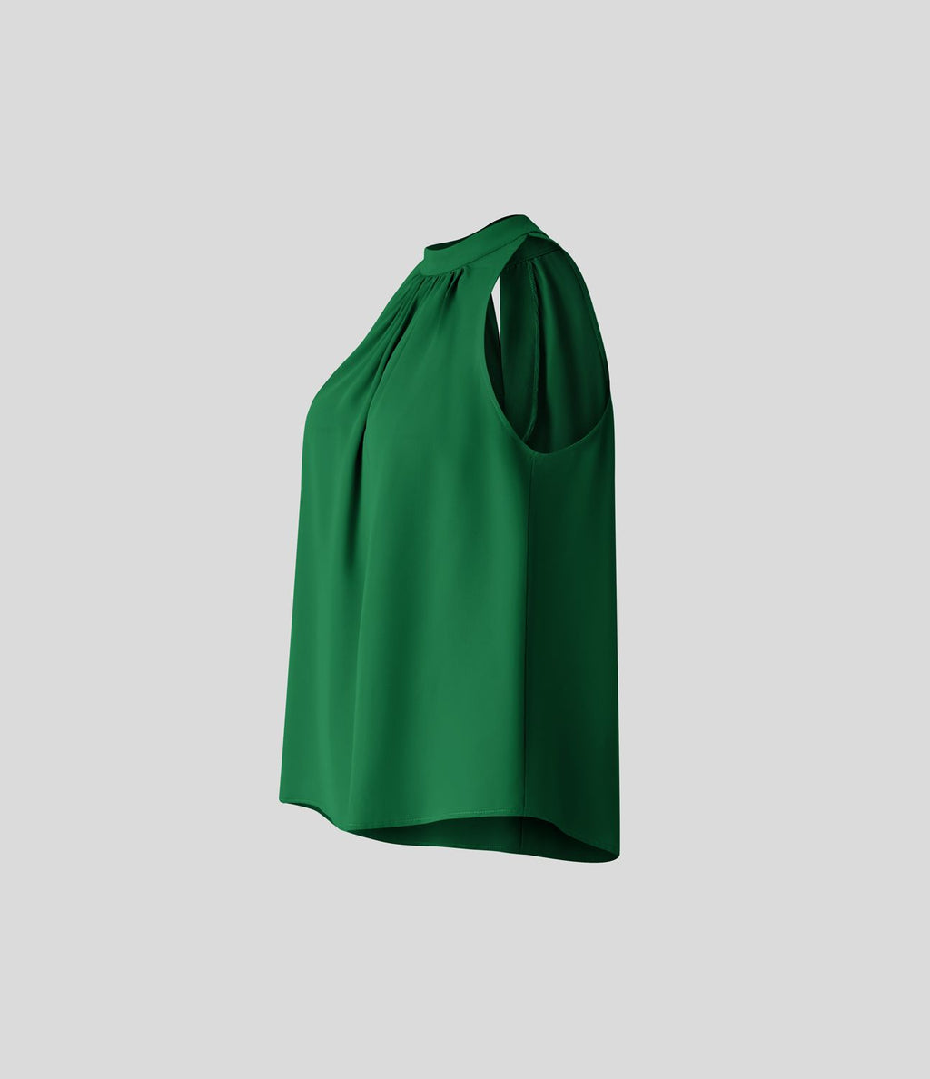 Blouse Travail Sans Manches Ourlet Courbé Col Haut Découpe au Dos Plis