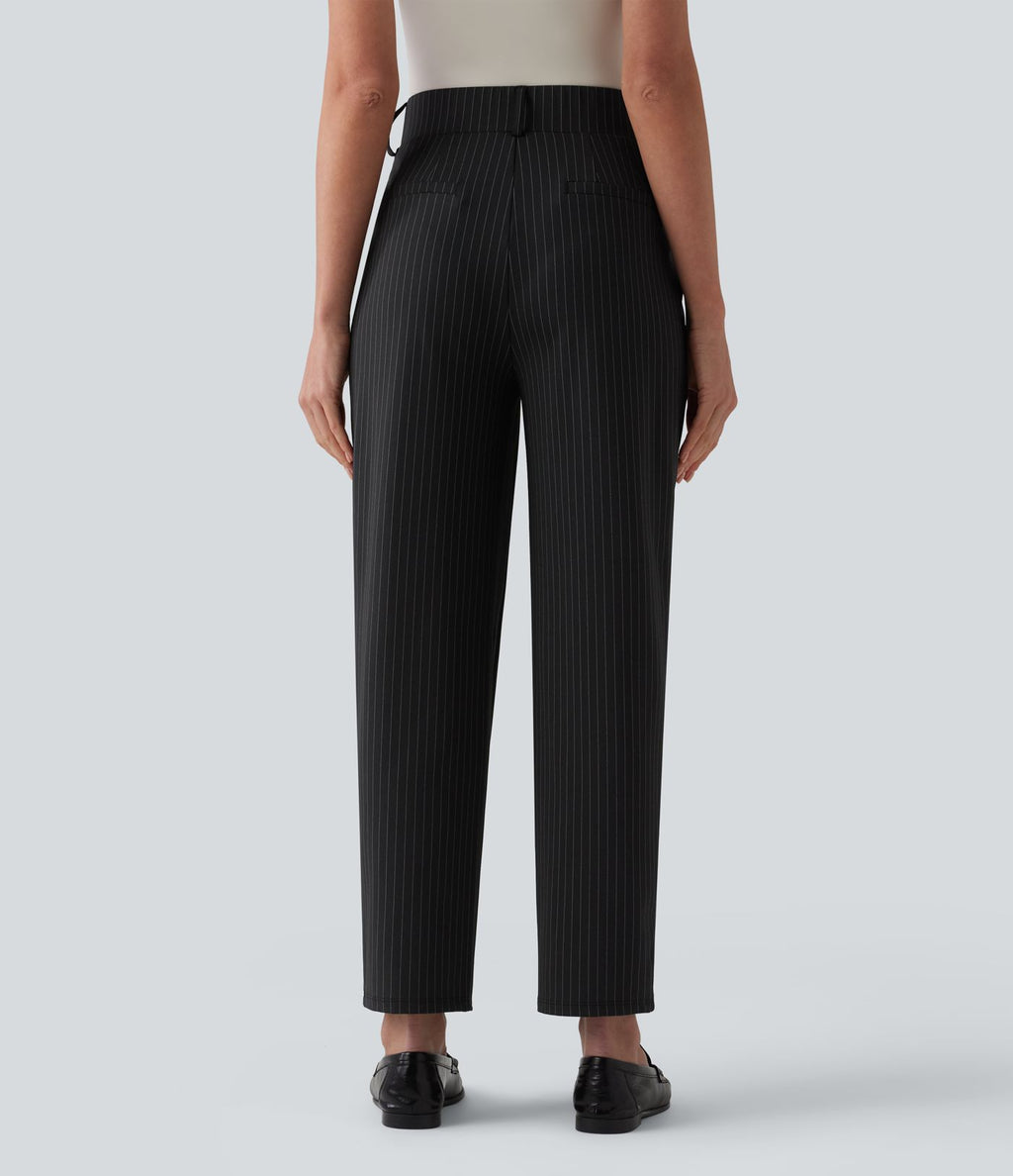 Pantalon tailleur fuselé 7/8 taille haute à rayures avec poches