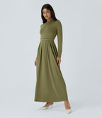 Robe longue décontractée à col montant, manches longues, plissée, avec poches latérales et coupe évasée