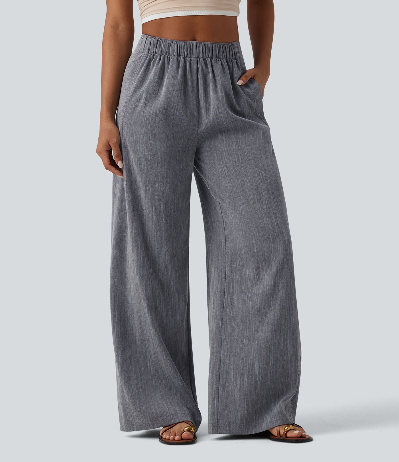 Pantalon casual ample aspect lin taille mi-haute avec poches