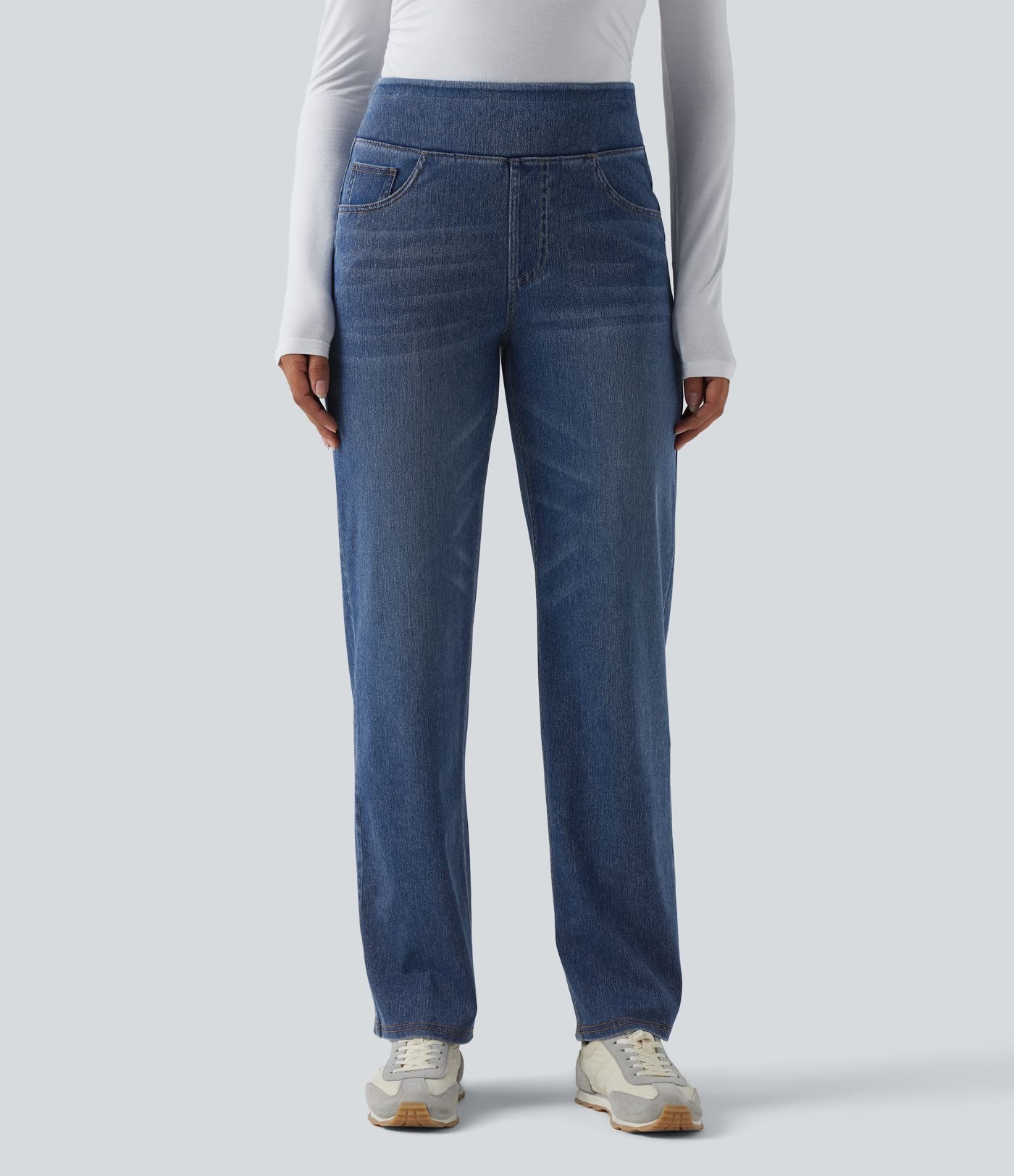 Jean décontracté Halara Flex™ taille haute, extensible, délavé, jambes droites avec poches multiples