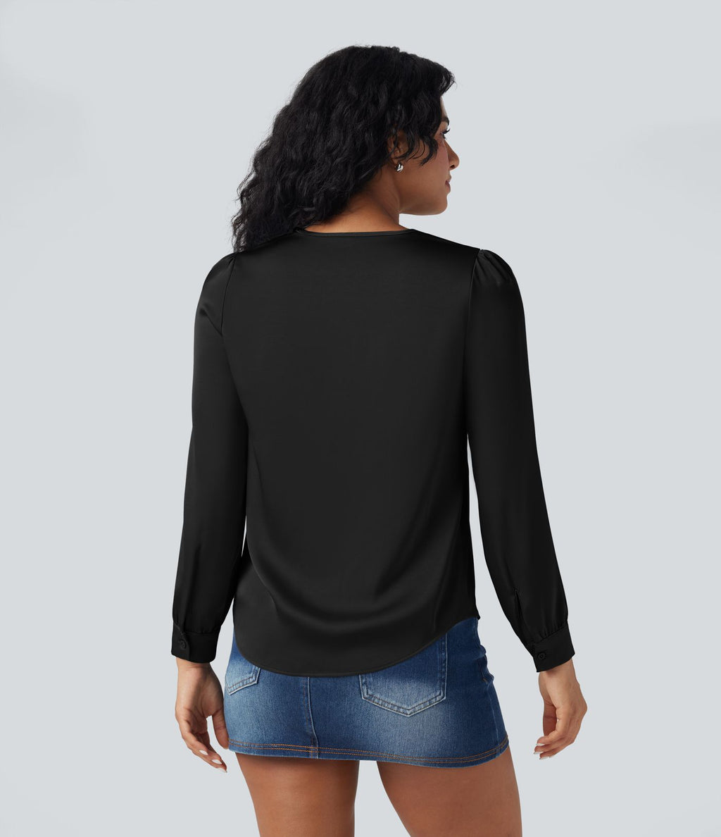 Chemise décontractée en satin col V manches longues à finitions volants
