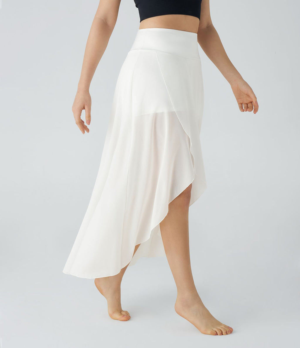 Jupe Longue Fluide Taille Haute à Volants 2 en 1 Poche Latérale Évasée en Mesh Casual Quotidien