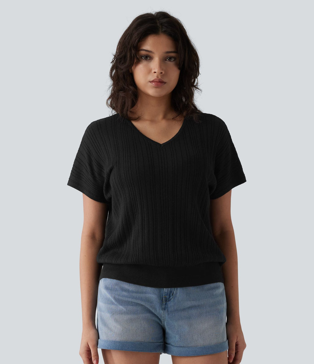 Pull casual col V manches courtes mélange laine