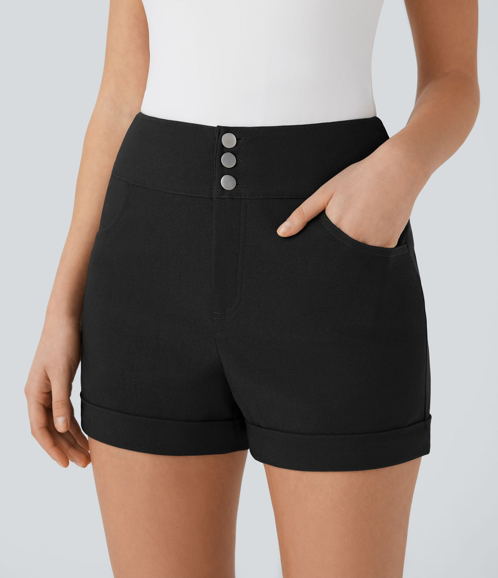Short décontracté moulant taille haute avec boutons, ourlet roulé et poches