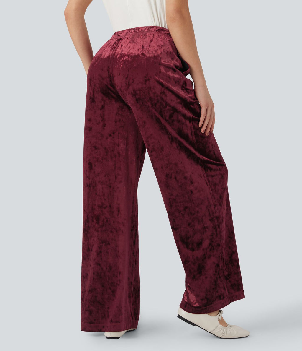 Pantalon large décontracté en velours taille haute avec cordon et poches
