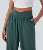 Pantalon de jogging décontracté à taille haute croisée avec poches latérales et cordon de serrage