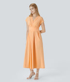 Breezeful™ Robe Mi-Longue Col en V Manches Courtes Poche Latérale Nouée au Dos Séchage Rapide
