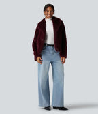 Manteau cape fausse fourrure col revers manches longues avec poches