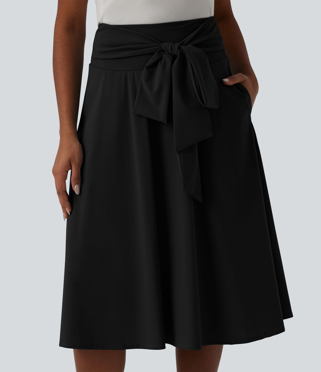 Jupe midi casual trapèze taille haute à nœud devant
