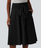 Jupe midi casual trapèze taille haute à nœud devant