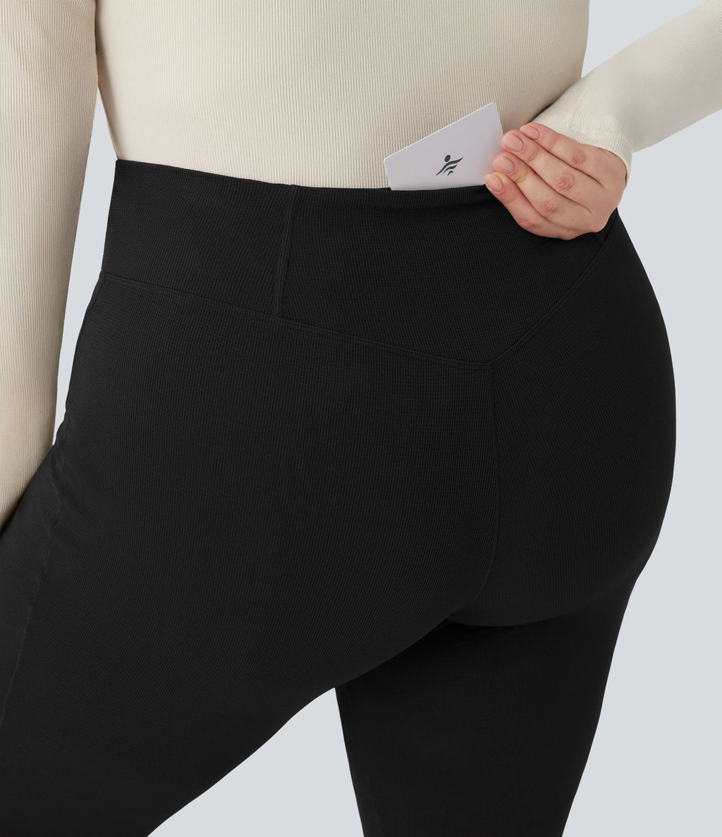 Pantalon décontracté grande taille croisé, évasé en maille gaufrée, taille haute, avec poches