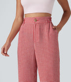 Pantalon 7/8 décontracté aspect lin à carreaux taille haute avec poches