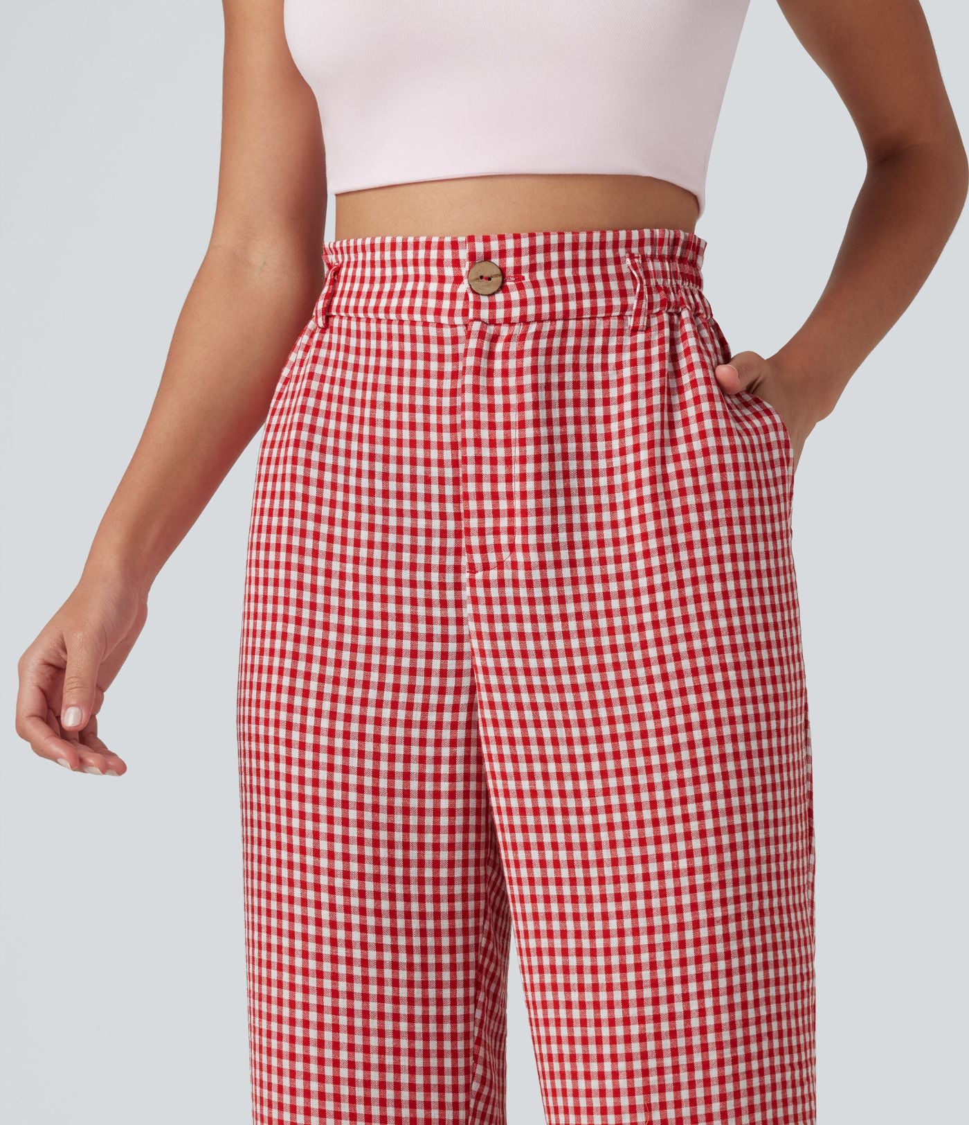 Pantalon 7/8 décontracté aspect lin à carreaux taille haute avec poches
