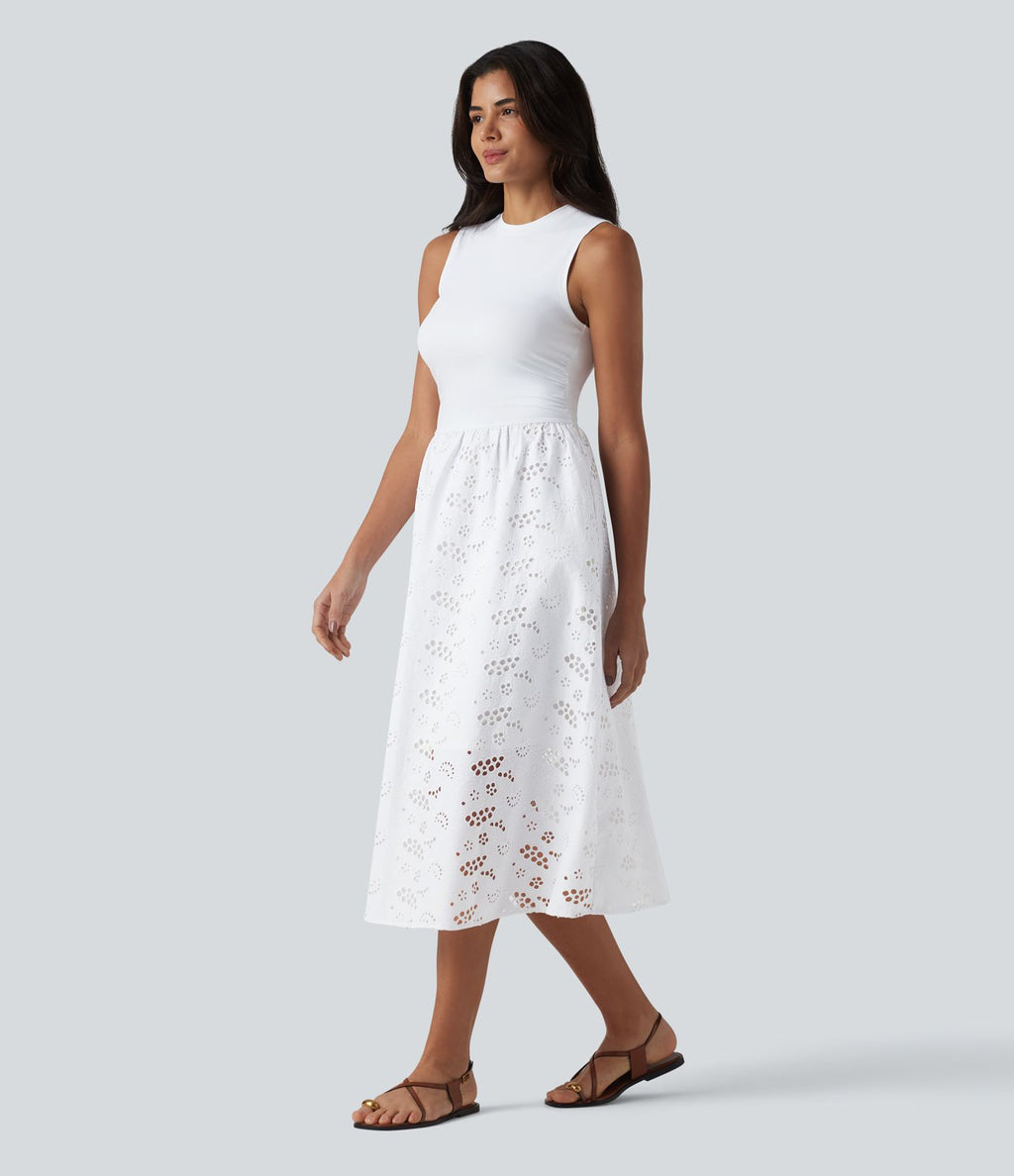 Robe midi de villégiature sans manches col rond à broderie anglaise, avec poches