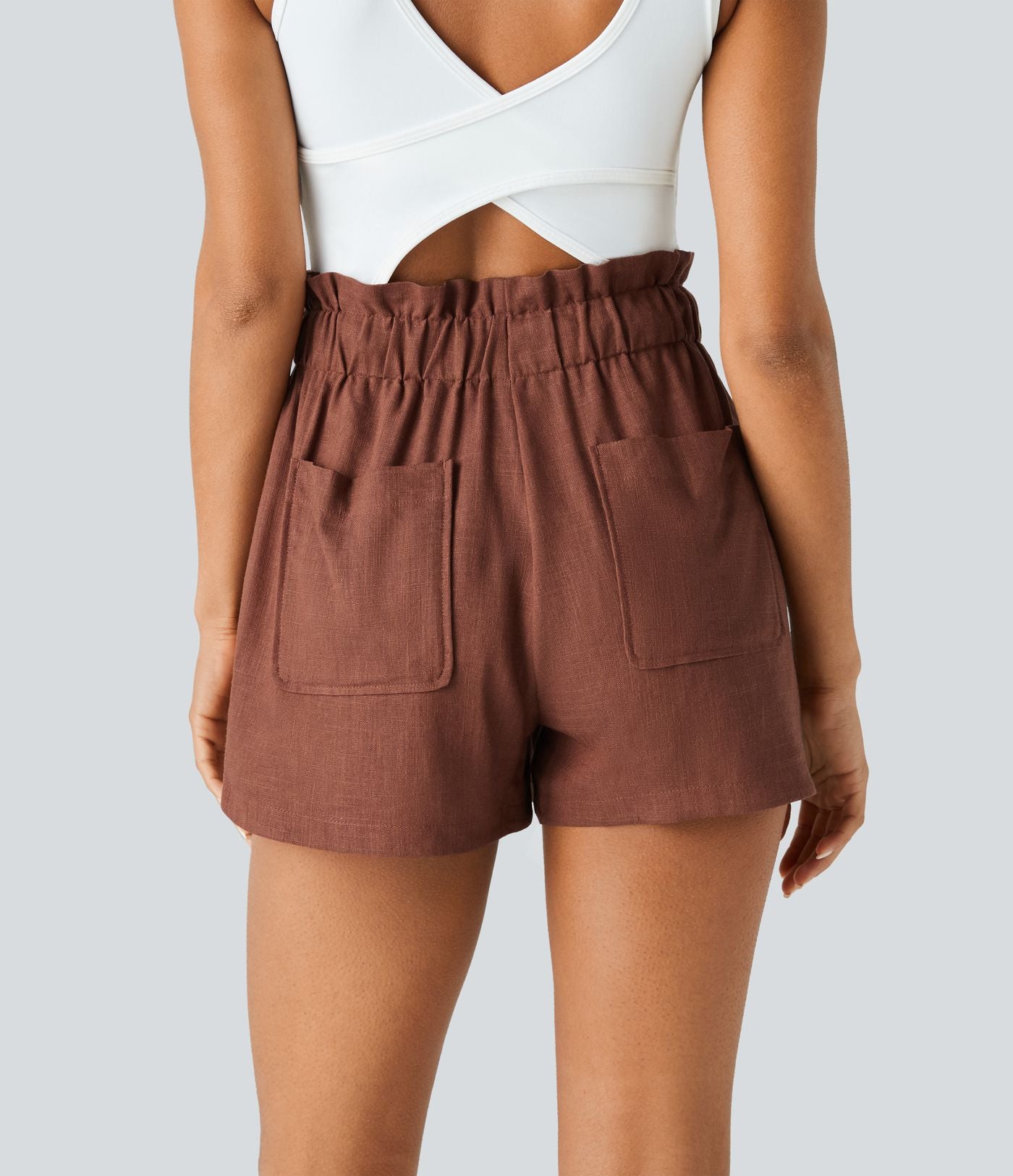 Short Casual en Mélange de Lin à Taille Mi-Haute avec Taille Sac Papier Cordon de Serrage Multiples Poches et Ourlet Courbé