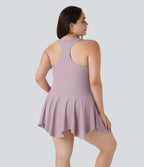 Robe Casual Grande Taille Mini 2-en-1 à Col en V Profond Dos Nu Dos Nageur Sans Manches avec Poches Latérales