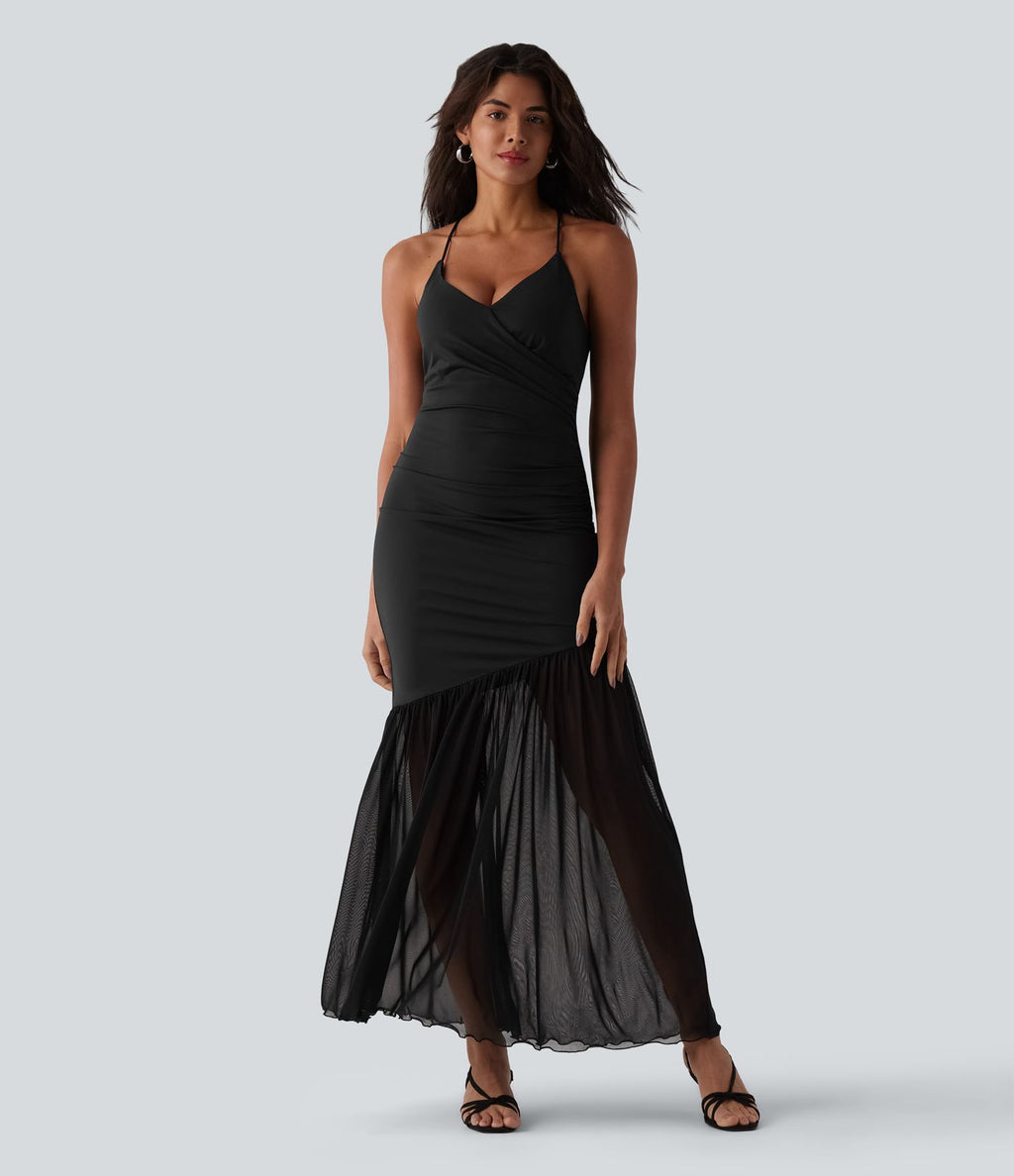 Robe maxi fluide bretelles décolleté cœur à lacer maille contrastante
