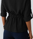 Chemise effet lin esprit bureau à revers, manches retroussées et lien à nouer