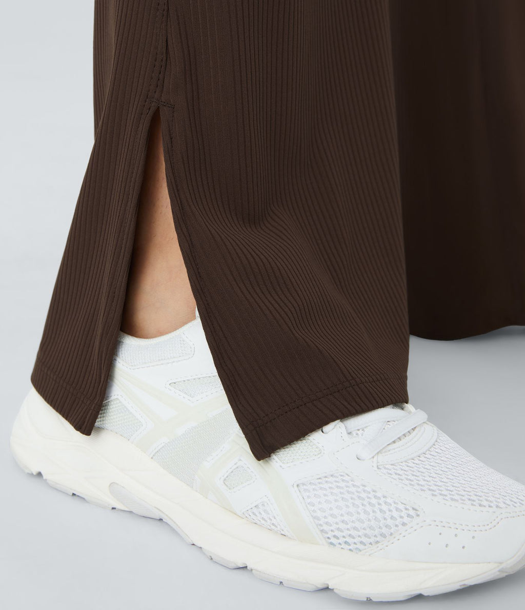 Pantalon Yoga Longs Taille Haute Évasés Fente en Tricot Côtelé