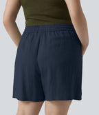 Short casual aspect lin grande taille taille haute avec cordon de serrage et poches