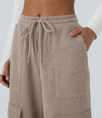 Pantalon cargo décontracté large à cordon côtelé, taille mi-haute, avec poches