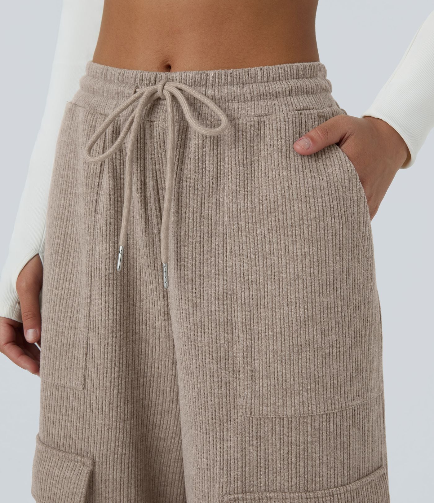 Pantalon cargo décontracté large à cordon côtelé, taille mi-haute, avec poches