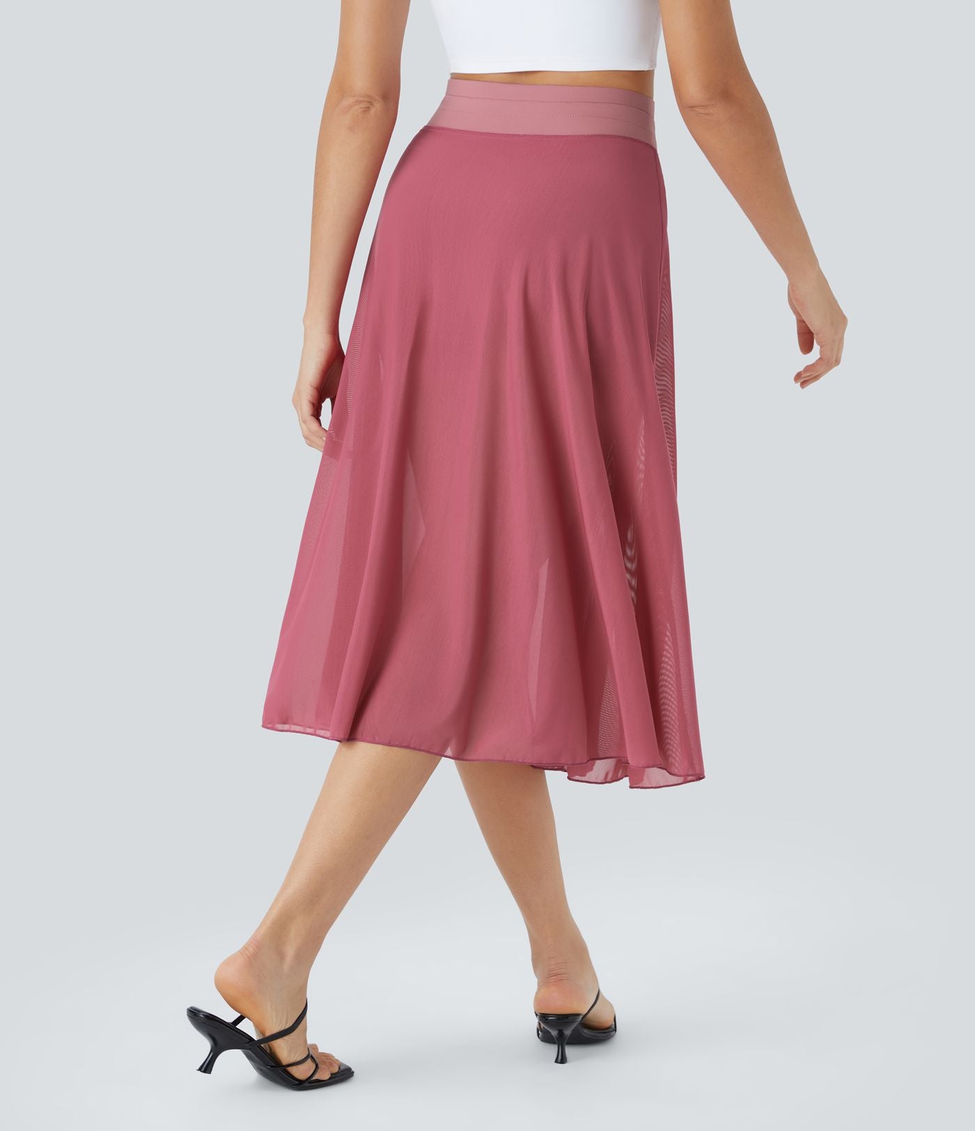 Jupe Casual Évasée Mesh Mi-Longue Fuide 2 en 1 Contrastée Taille Haute Cordon Poche Latérale