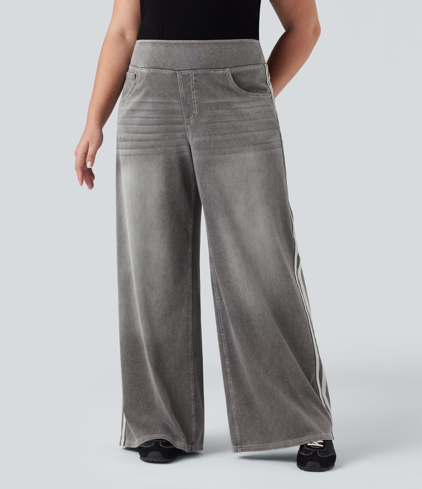 Halara Flex™ Jean large fluide taille haute à rayures délavé décontracté grande taille avec poches