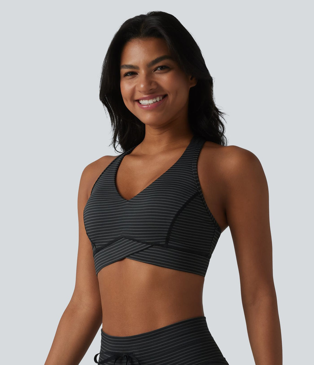 Brassière de sport col V dos nageur maintien moyen à rayures
