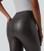 Legging corsaire taille haute ventre plat en similicuir extensible avec poches