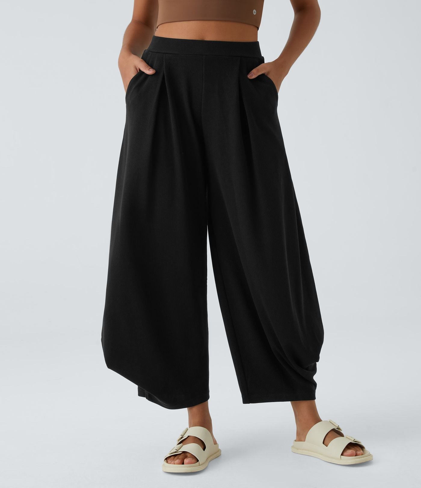 Pantalon décontracté harem uni côtelé, taille haute, avec poches