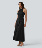 Robe midi fluide à col cheminée, sans manches, zip invisible, en satin extensible à effet frais InstantCool, idéale pour demoiselles d'honneur et invitées de mariage, avec poches