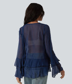Chemise casual transparente col V manches longues à volants